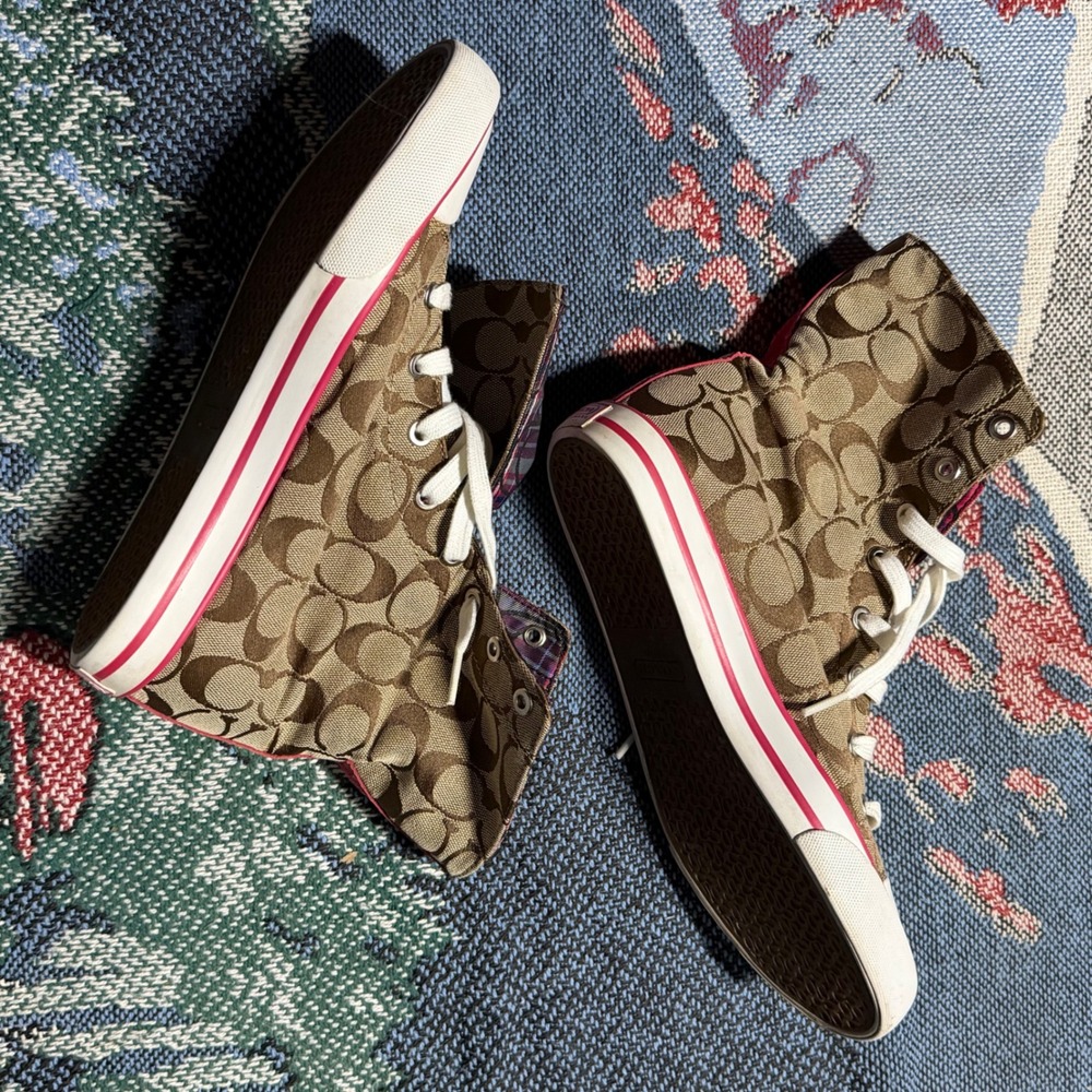 Coach Bonney High Top Sneakers Khaki Signature C Plaid Pink Purple Q509 9B